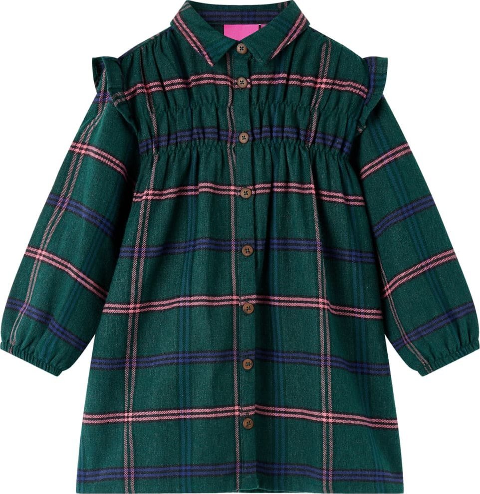 vidaXL Sukienka dziecięca z długimi rękawami i falbanami, ciemnozielona, 140