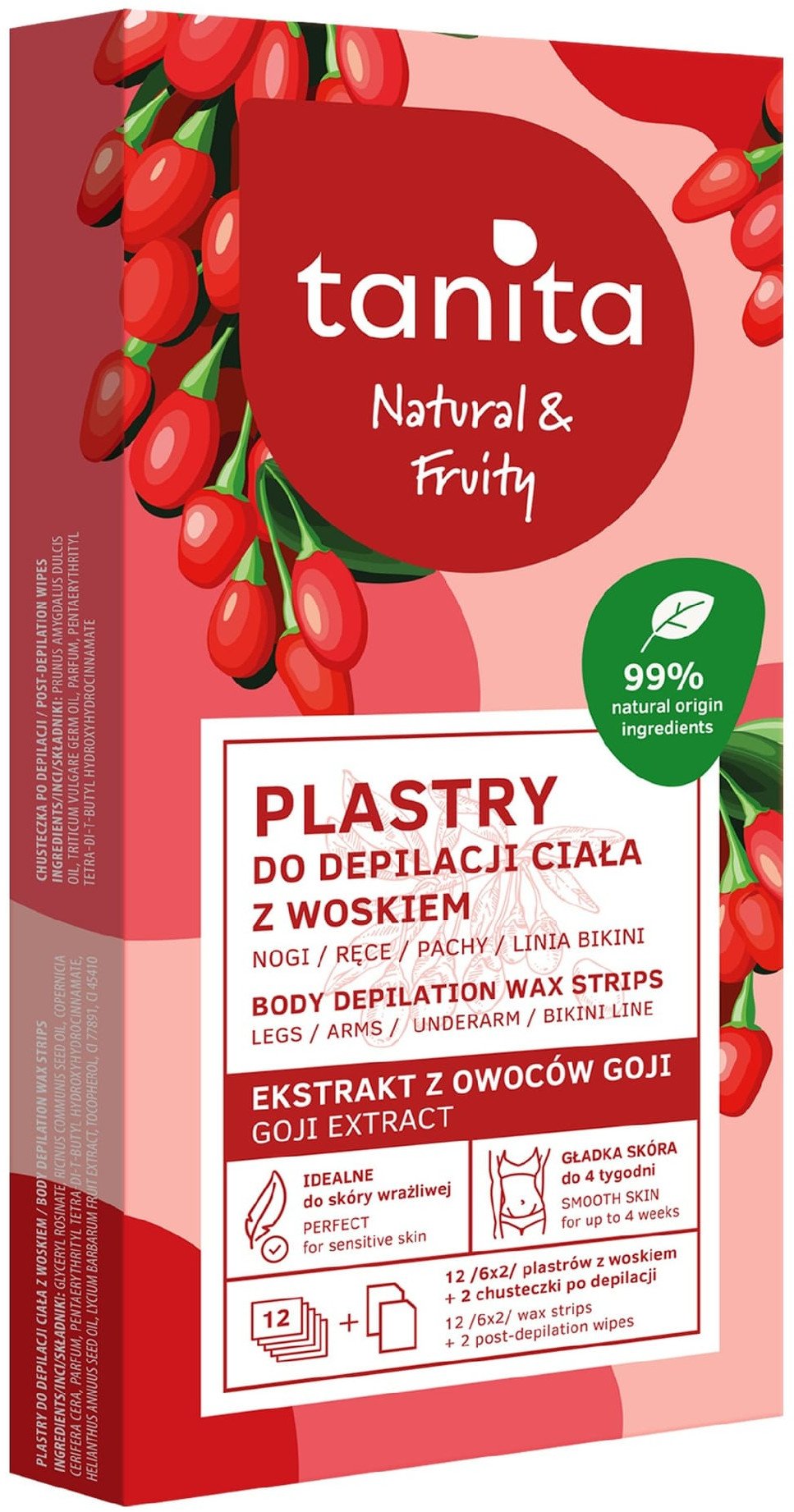 Depilator Miraculum TANITA Fruity Plastry do depilacji ciała z woskiem - z ekstraktem z owoców Goji 12 sztuk (6x2)+ 2 chusteczki po depilacji