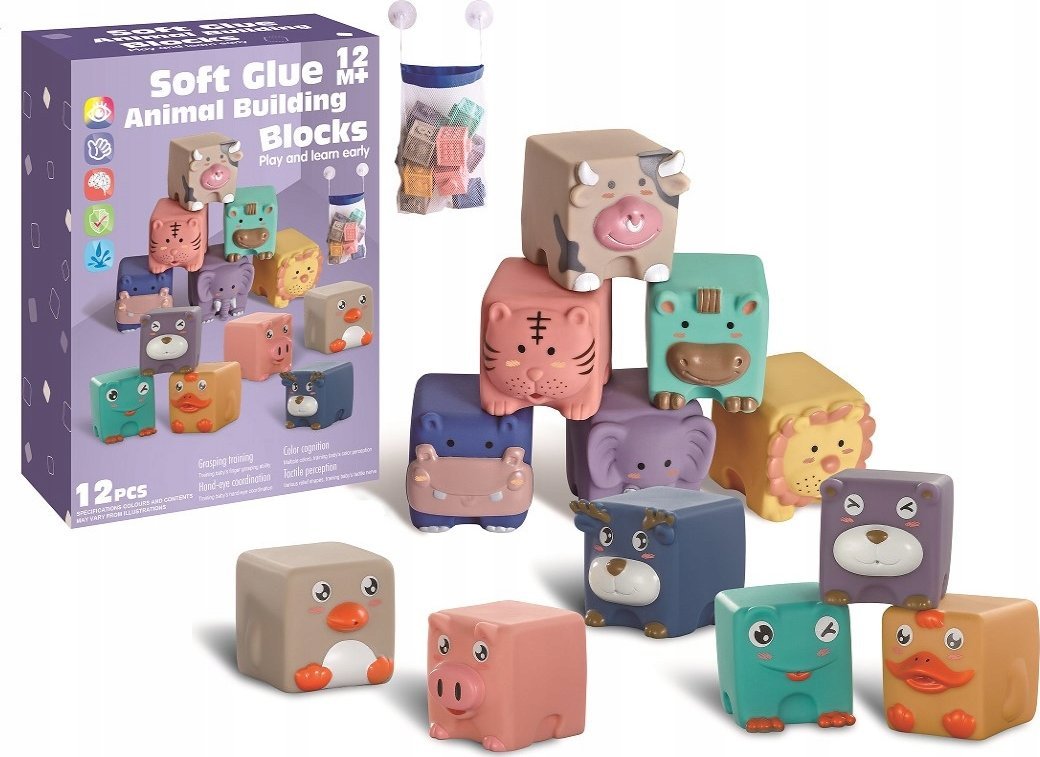 Edukacyjny zestaw klocków dla malucha, Miękkie Klocki Zwierzęta 12 sztuk