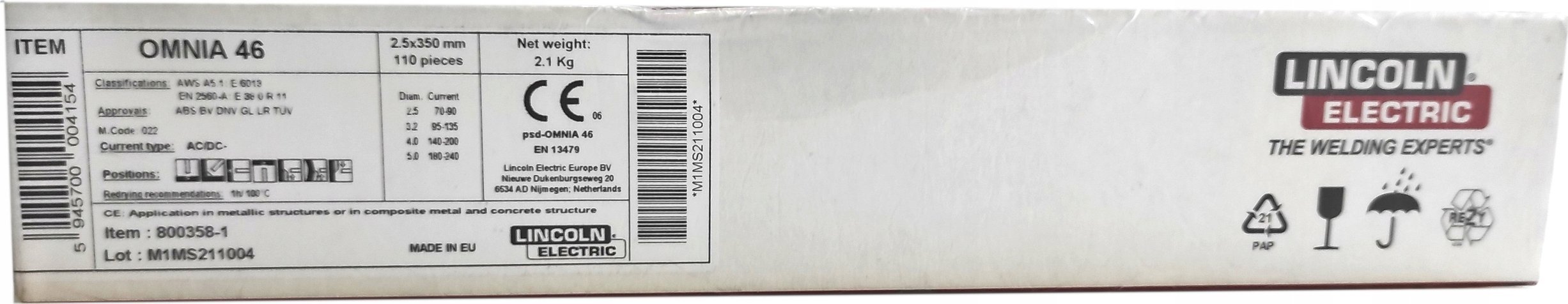 Lincoln Electric ELEKTRODA RUTYLOWA 2,5mm 350mm 2,1kg OMNIA 46 LINCOLN ELECTRIC