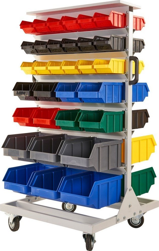 qBox Regał do pojemników warsztatowych, jezdny. Wym: 1300x690x670mm 64 pojemniki (Regał z pojemnikami)