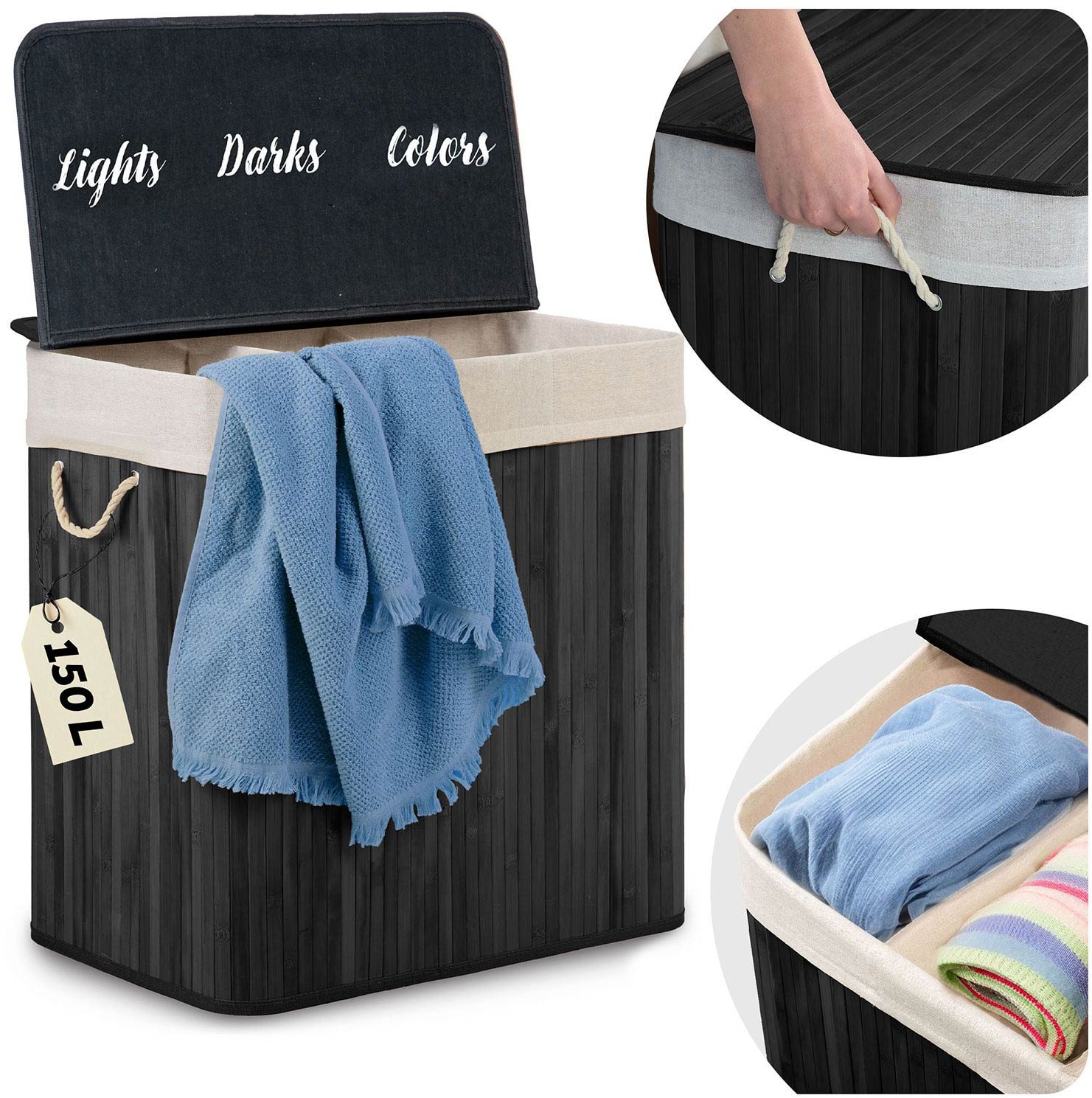 Bambusowy kosz na pranie bieliznę z pokrywą 150 l Massido