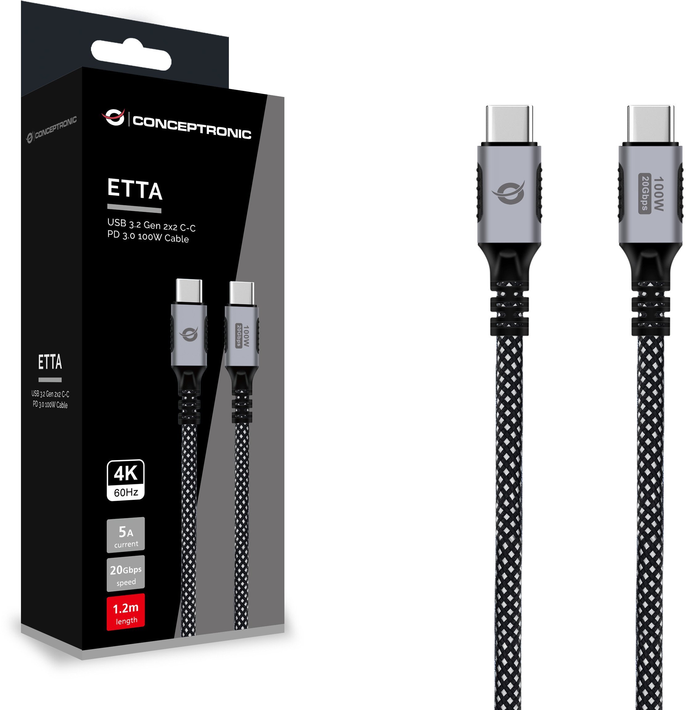 Kabel USB Conceptronic USB-C - USB-C 1.2 m Czarny (ETTA07B12)