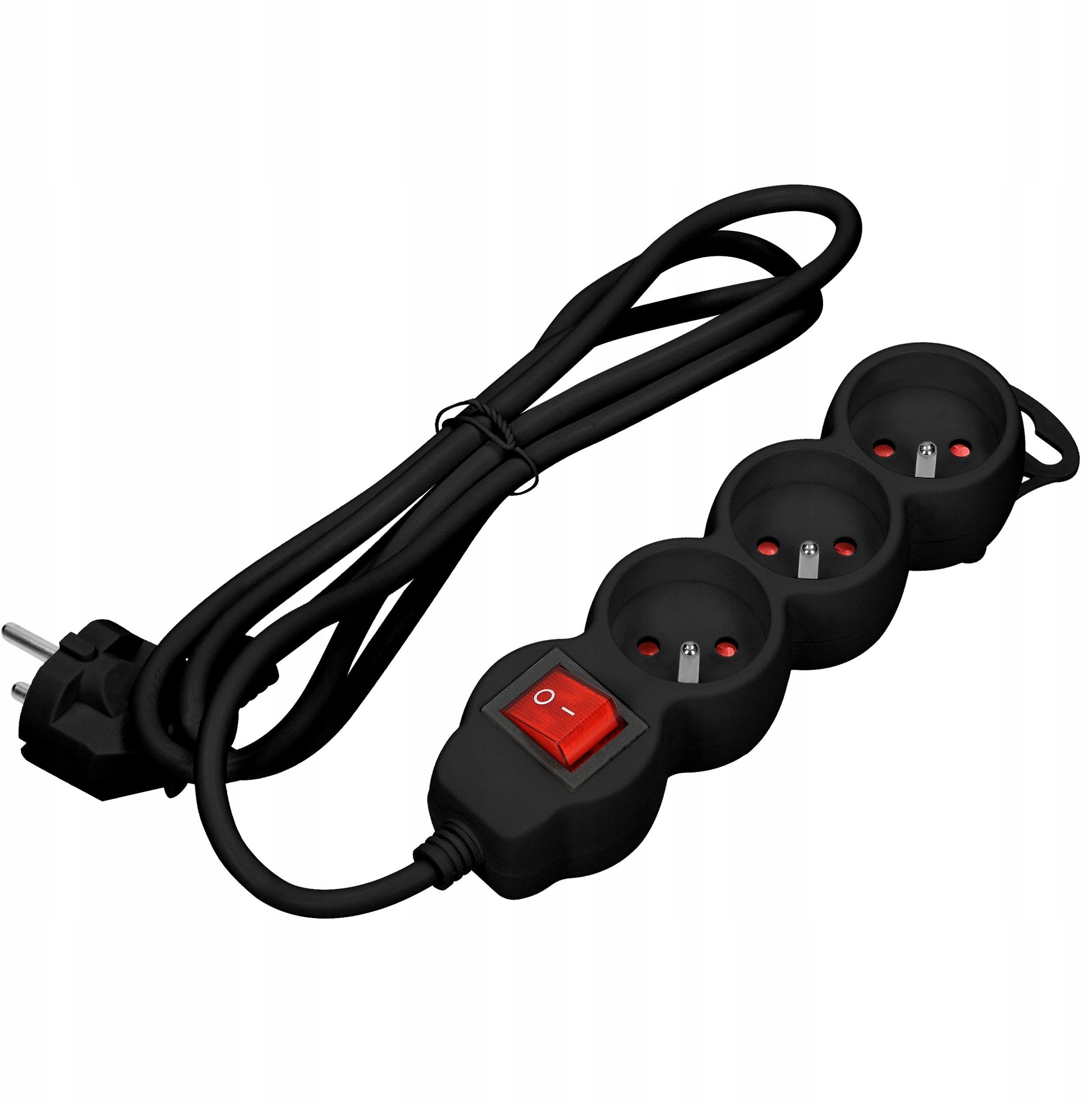 Przedłużacz 3x2P+Z,ON/OFF,1,4m, 3x1mm?, czarny