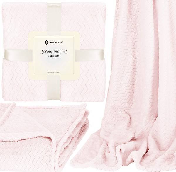 Springos Narzuta na łóżko, pled 70x160cm tłoczony, dwustronny koc na kanapę pudrowy różowy UNIWERSALNY