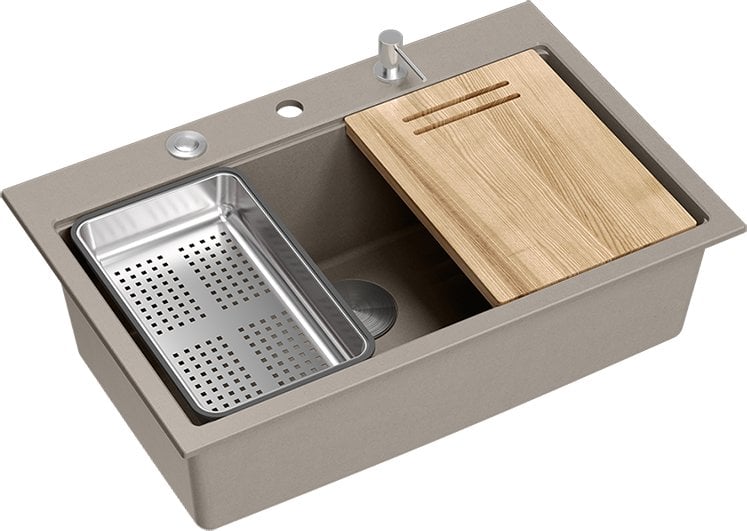 MARC 110 WORKSTATION GraniteQ zlewozmywak 1-komorowy 760*500*235 mm soft taupe + syfon push to open + dozownik stal szcz.+ wkładka ociekowa+ Qmata +de