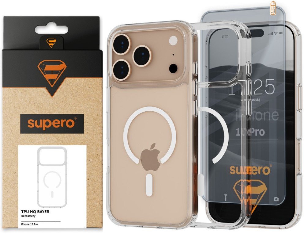 Etui Supero TPU HQ Bayer MagSafe do iPhone 17 Pro, przezroczyste + szkło
