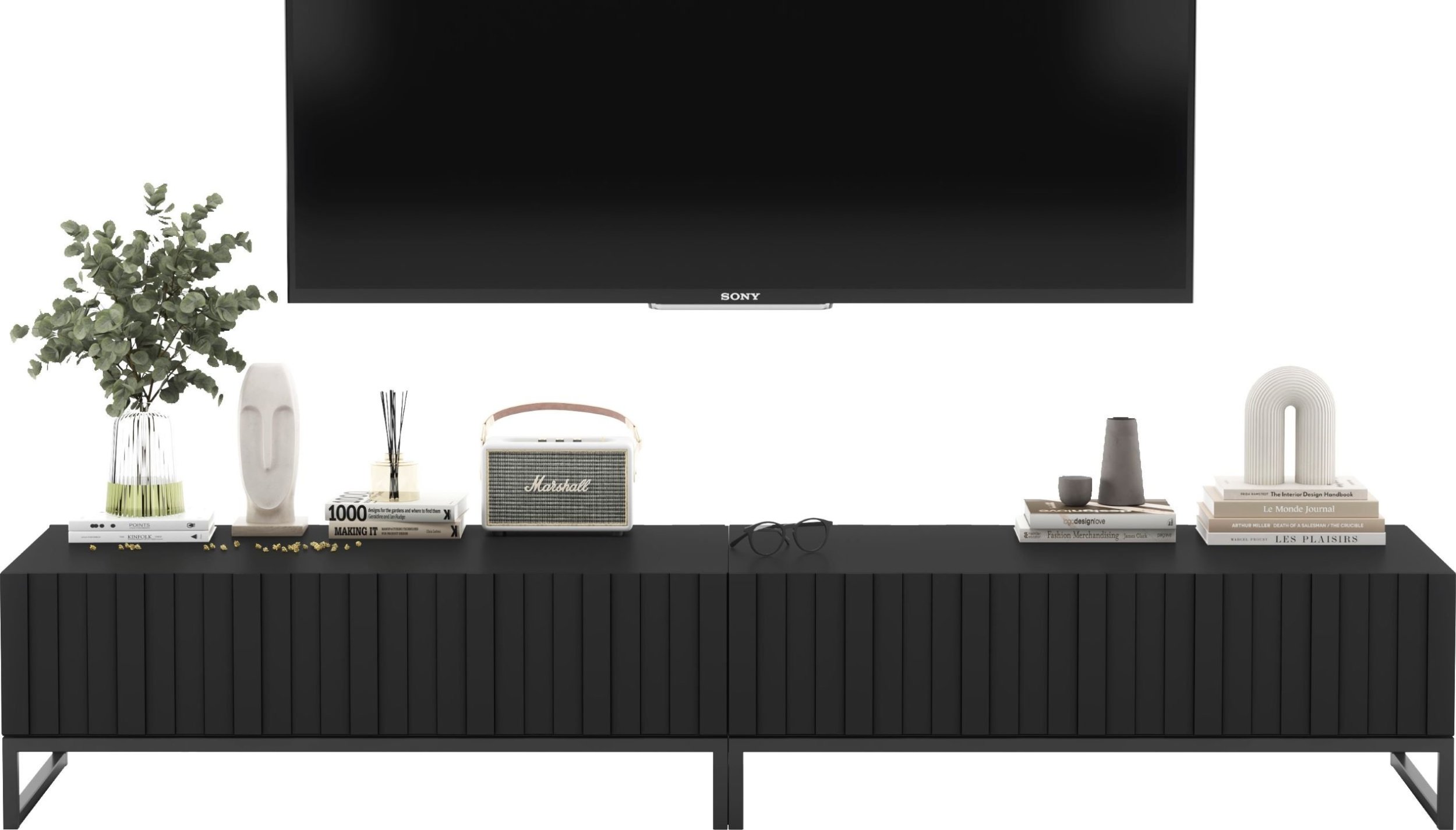 Meble Lindner Meble Lindner Szafka RTV Glamour Komoda RTV Meble Lindner Stolik Czarny Mat Ryflowane Fronty 220 cm Czarna Rama Loft