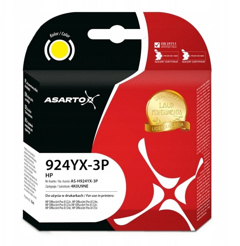 Tusz Asarto Tusz do HP 924e 3-PACK | 4K0U9NE | 924YX-3P | 3*800 str. | yellow