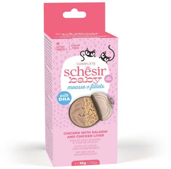 Schesir Baby Mousse multipack, mokra karma, dla kociąt, mus z kurczakiem i łososiem, 3x55 g, puszka