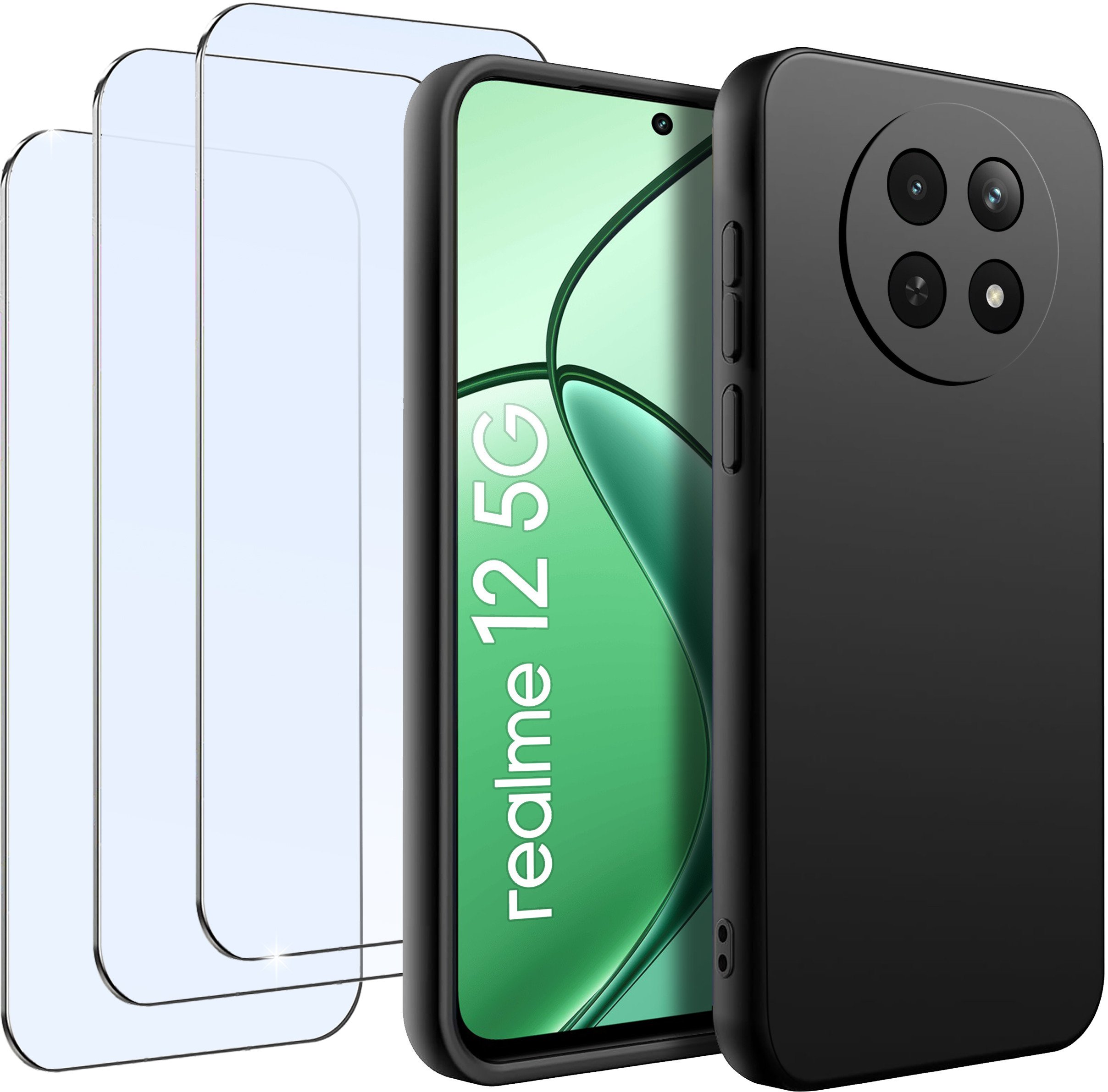 ZESTAW Etui do Realme 12 5G | 12x 5G Matowe Czarne Silikon +3 SZTUKI SZKŁO
