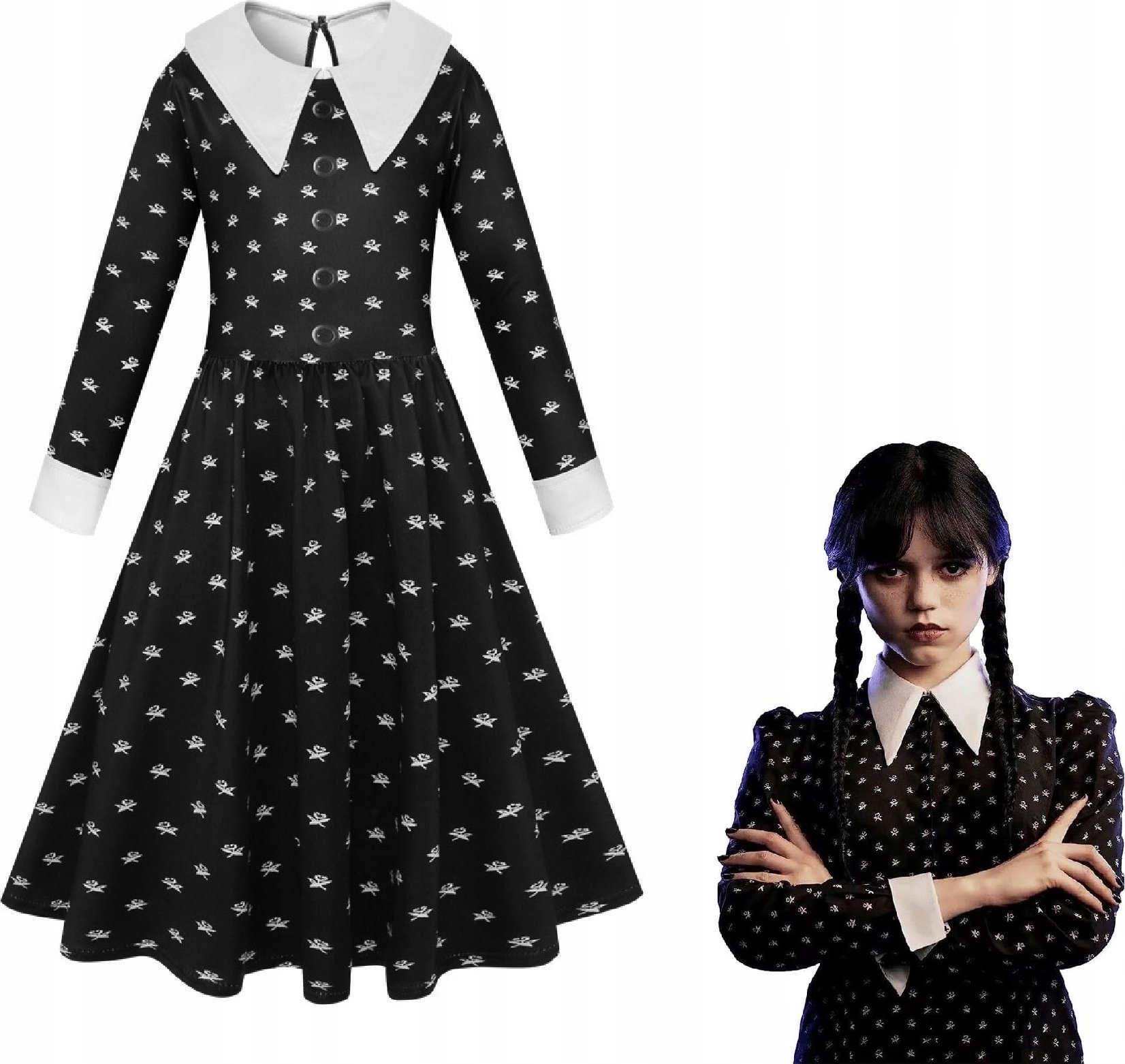 SUKIENKA WEDNESDAY ADDAMS PRZEBRANIE WE WZORKI KOSTIUM HALLOWEEN STRÓJ 120