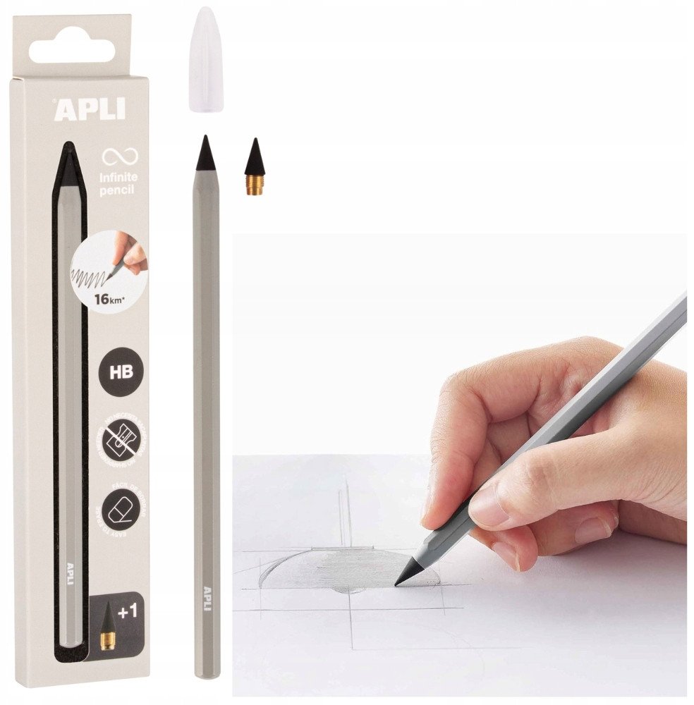 Ołówek wieczny APLI Infinite, HB, pudełko kart. z zawieszką, szary
