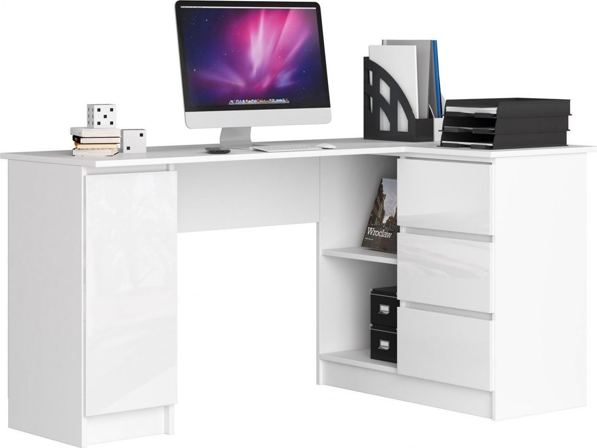Biurko Elior Narożne biurko do gabinetu białe połysk prawostronne - Osmen 6X