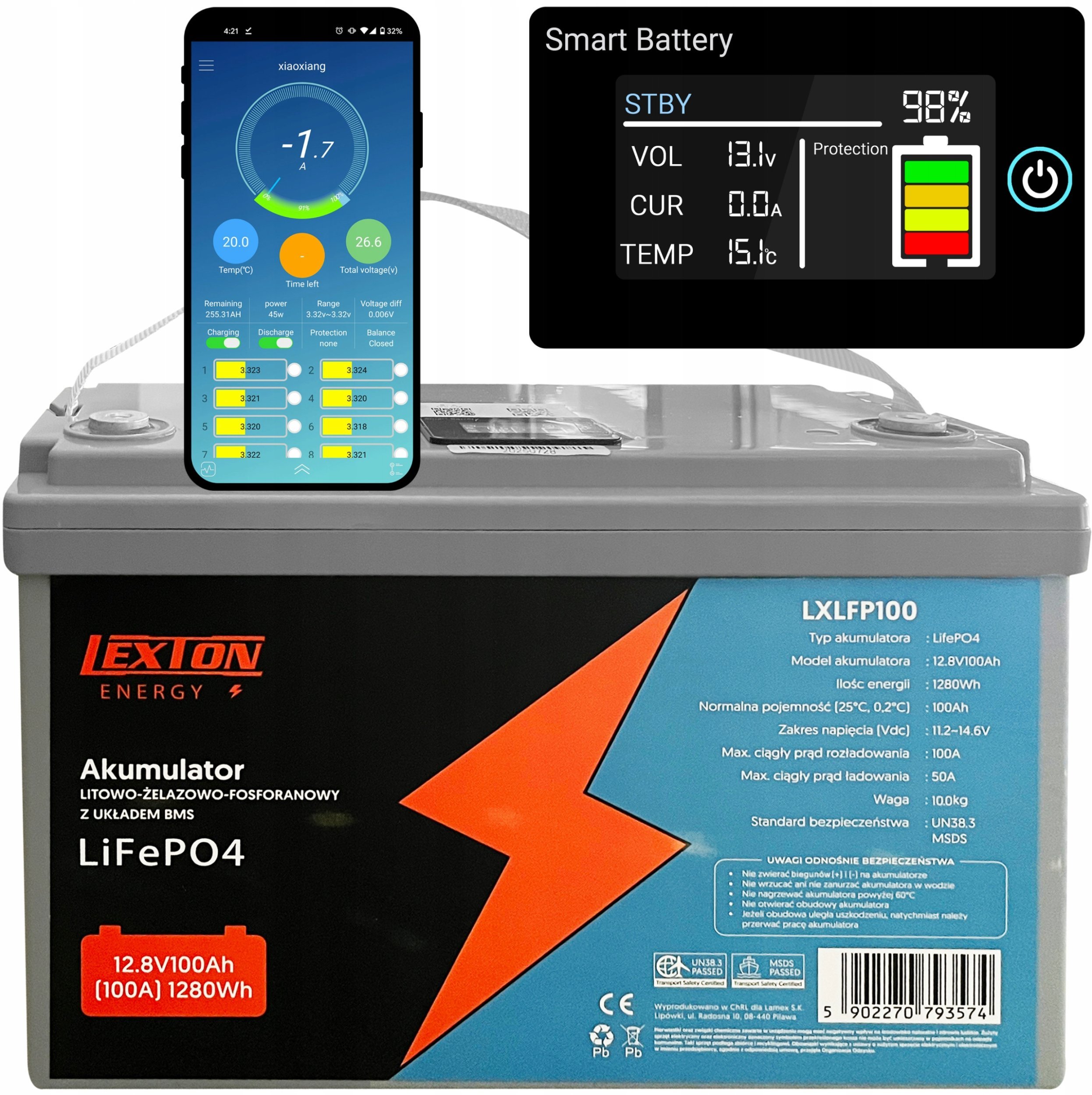 Qoltec AKUMULATOR LITOWO-ŻELAZOWO-FOSFORANOWY BMS LiFePO4 LCD/Bluetooth 12.8V 70Ah