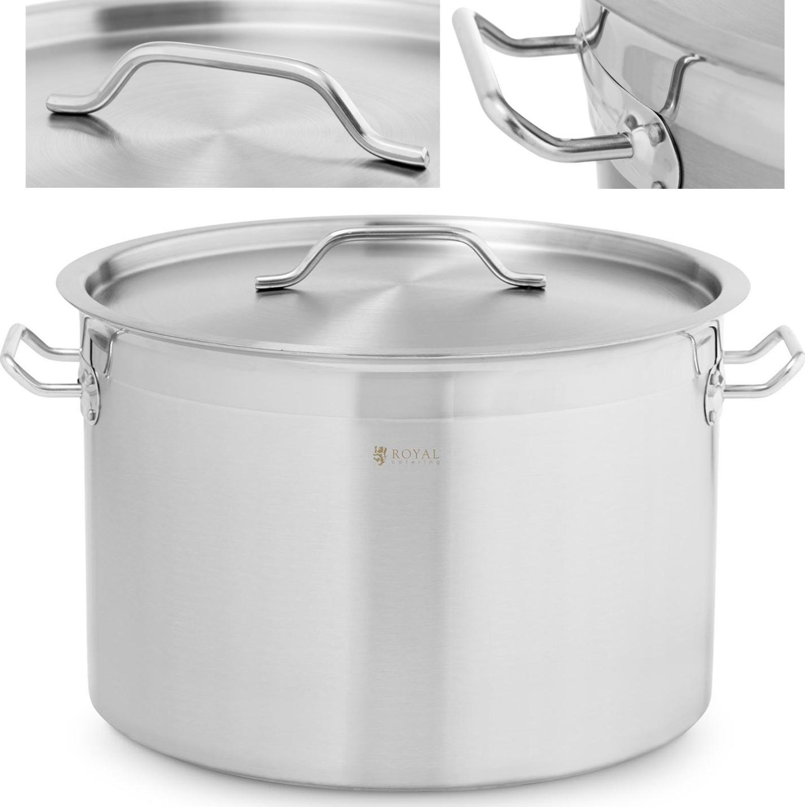 Royal Catering Garnek stalowy duży z pokrywką grubym dnem do kuchenki indukcyjnej gazowej halogenowej 23 l Garnek stalowy duży z pokrywką grubym dnem