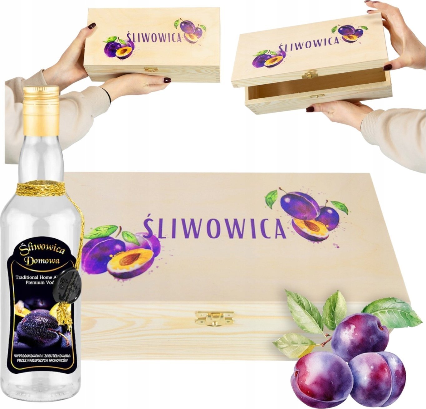 PUDEŁKO NA ŚLIWOWICĘ + BUTELKA OZDOBNA ŚLIWOWICA Skrzynka drewniana alkohol