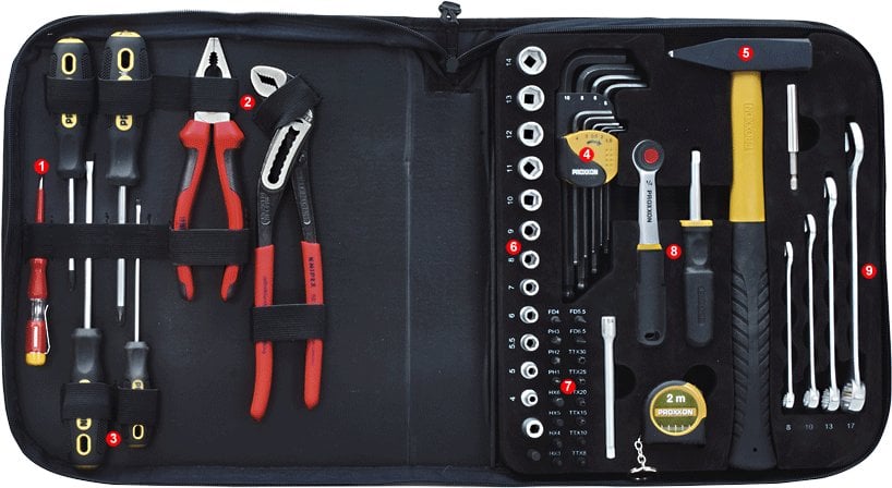 Zestaw różnych narzędzi w poręcznym etui