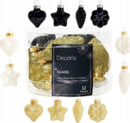 Kaemingk Bombki szklane złoto-czarno-białe zawieszki zestaw 12 sztuk