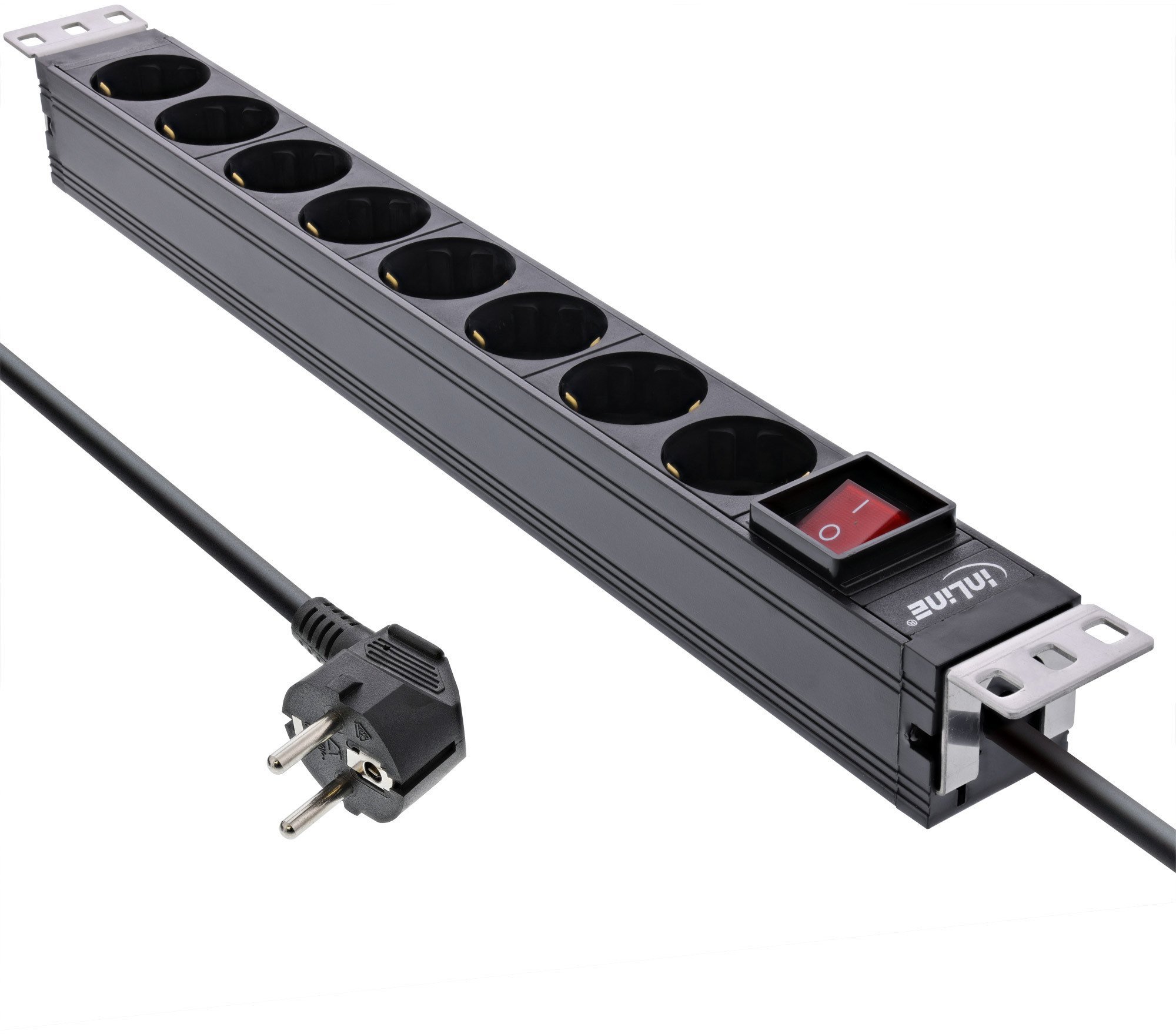 InLine InLine® 19" socket strip, 8-way earthing contact, with switch, 2m, black, variable mounting brackets