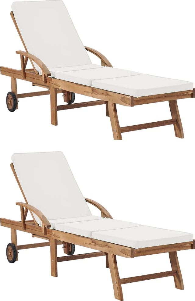 vidaXL Leżaki z poduszkami, 2 szt., lite drewno tekowe, kremowe