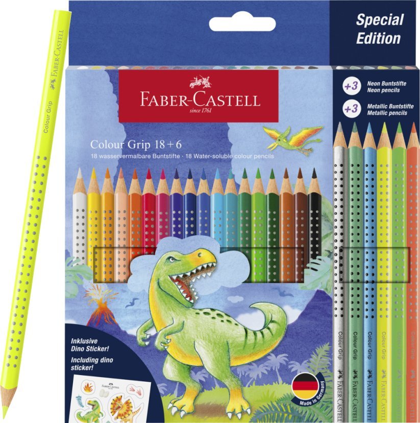 Kredki Grip 2001 Edycja Dinozaury 18 Kolorów Standardowych + 6 Kolorów Metalicznych + Naklejki Faber-Castell 201546 FC