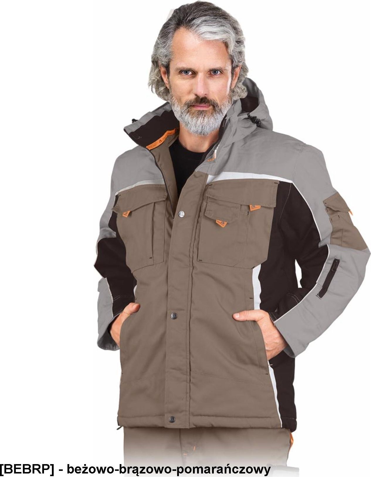 Leber&Hollman LH-NAW-J - Kurtka ochronna ocieplana NEW AGE, materiał canvas, 270 g/m, kaptur, odblaski, 8 kieszeni - beżowo-brązowo-pomarańczowy 3XL