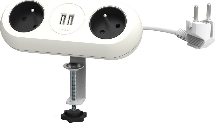 Orno Gniazdo meblowe z uchwytem montażowym, ładowarką USB, 2 gniazda 2P+Z, 2xUSB, przewód 3x1,0mm? - 1,5m, białe