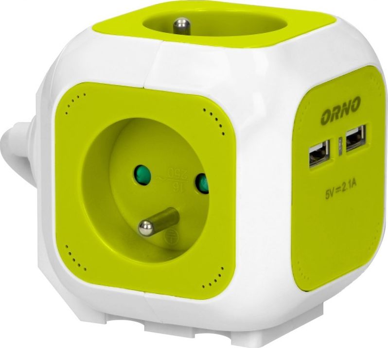 Orno Przedłużacz Kostka 4-krotny z ładowarką 2xUSB 1,4m limonkowy