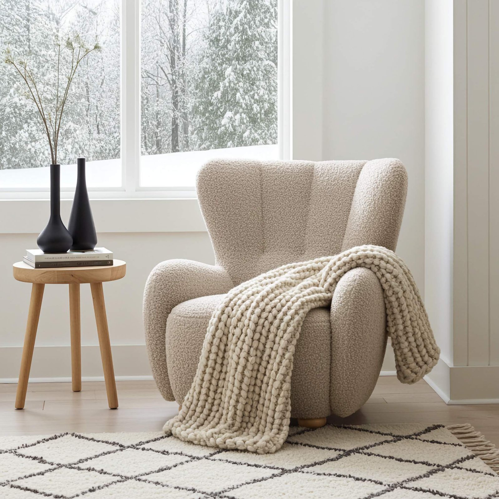 Fotel tapicerowany uszak FILO Rolf 02 Kremowy Boucl nóżki do wyboru