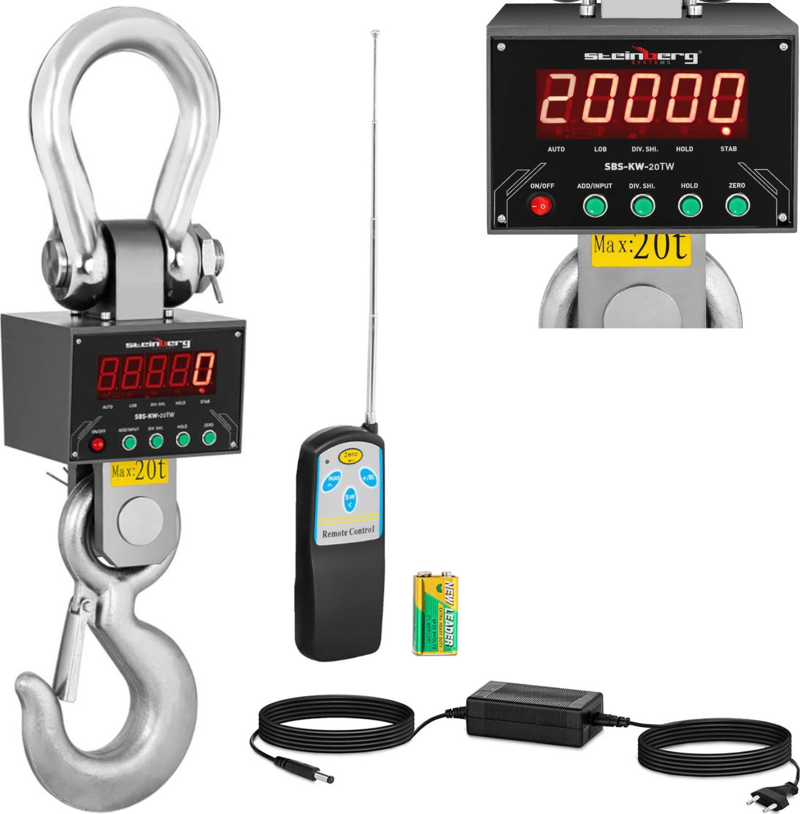 Steinberg Waga hakowa podwieszana magazynowa z pilotem LED do 20000 kg Waga hakowa podwieszana magazynowa z pilotem LED do 20000 kg