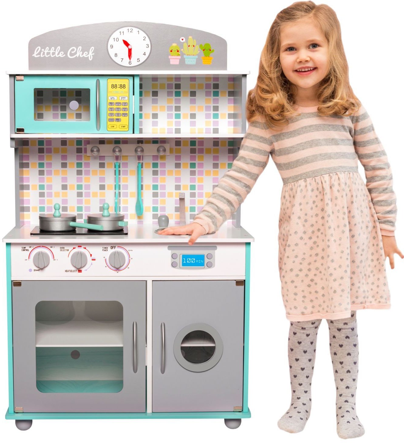 Drewniana kuchnia, akcesoria do gotowania kolor niebieski