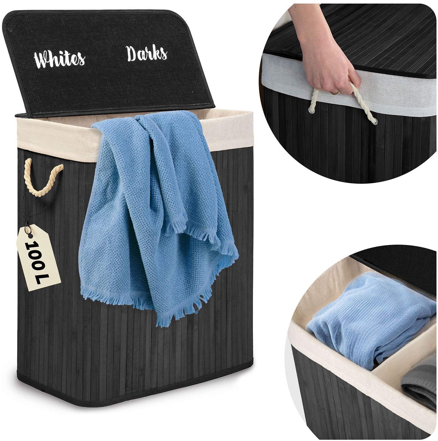 Bambusowy kosz na pranie bieliznę z pokrywą 100 l Massido