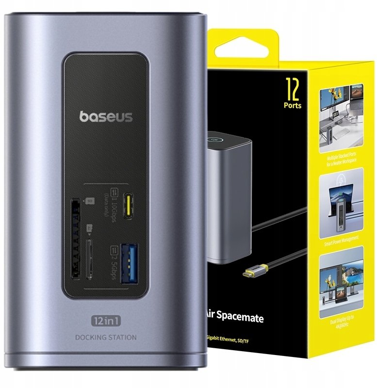 Baseus Air Spacemate 12w1 USB-C | 2xHDMI 4K@60Hz | 2xUSB-C 10Gb/s | 2xUSB-A 5Gb/s | 2xUSB-A (480Mb/s) |RJ45 | SD/microSD | 3.0 USB-C (PD) - szara
