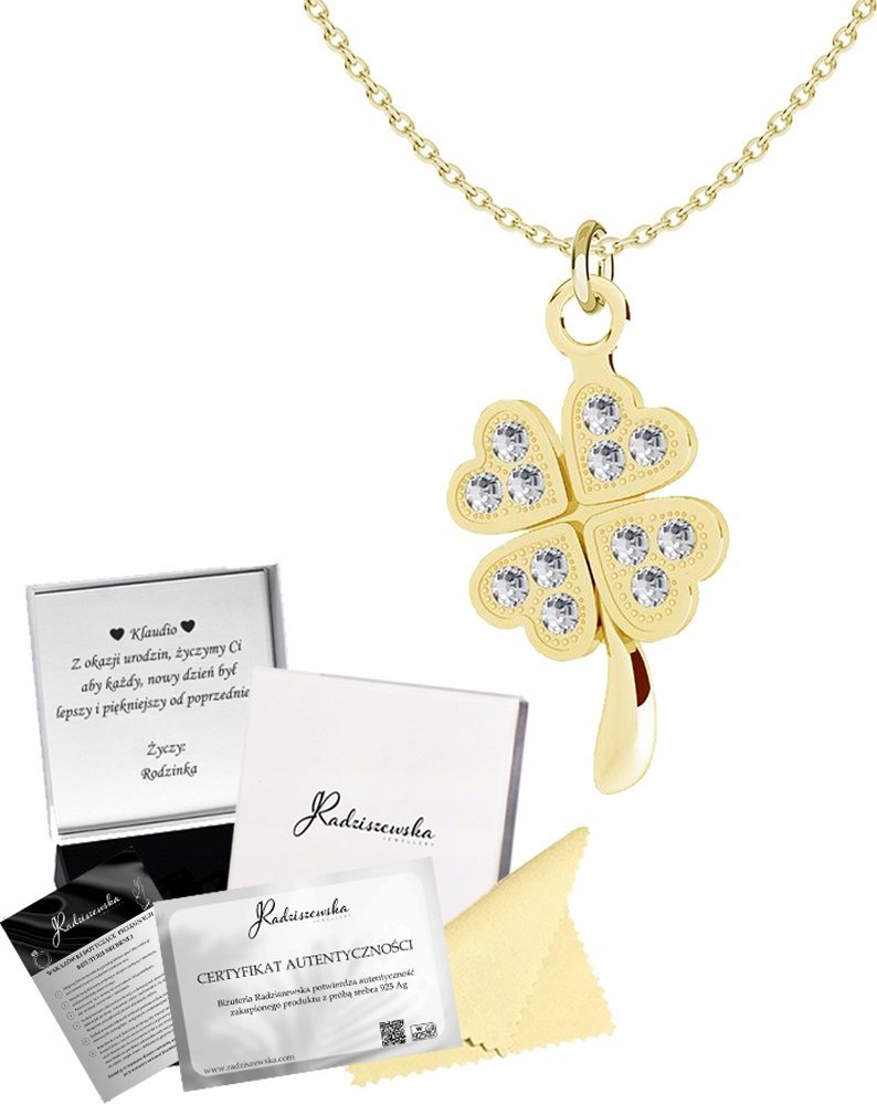 Radziszewska Jewellery Złoty Naszyjnik z Koniczynką na Szczęście Łańcuszek SREBRO 925 Prezent