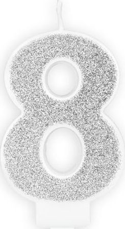 Świeczka urodzinowa, cyferka 8, srebrna brokatowa, 7 cm. uniwersalny