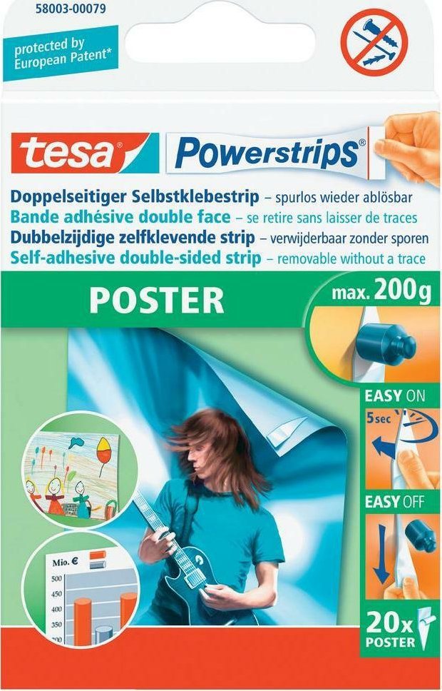 Tesa tesa Powerstrips poster tape, 20-pack, for objects up to 200 grams in weight