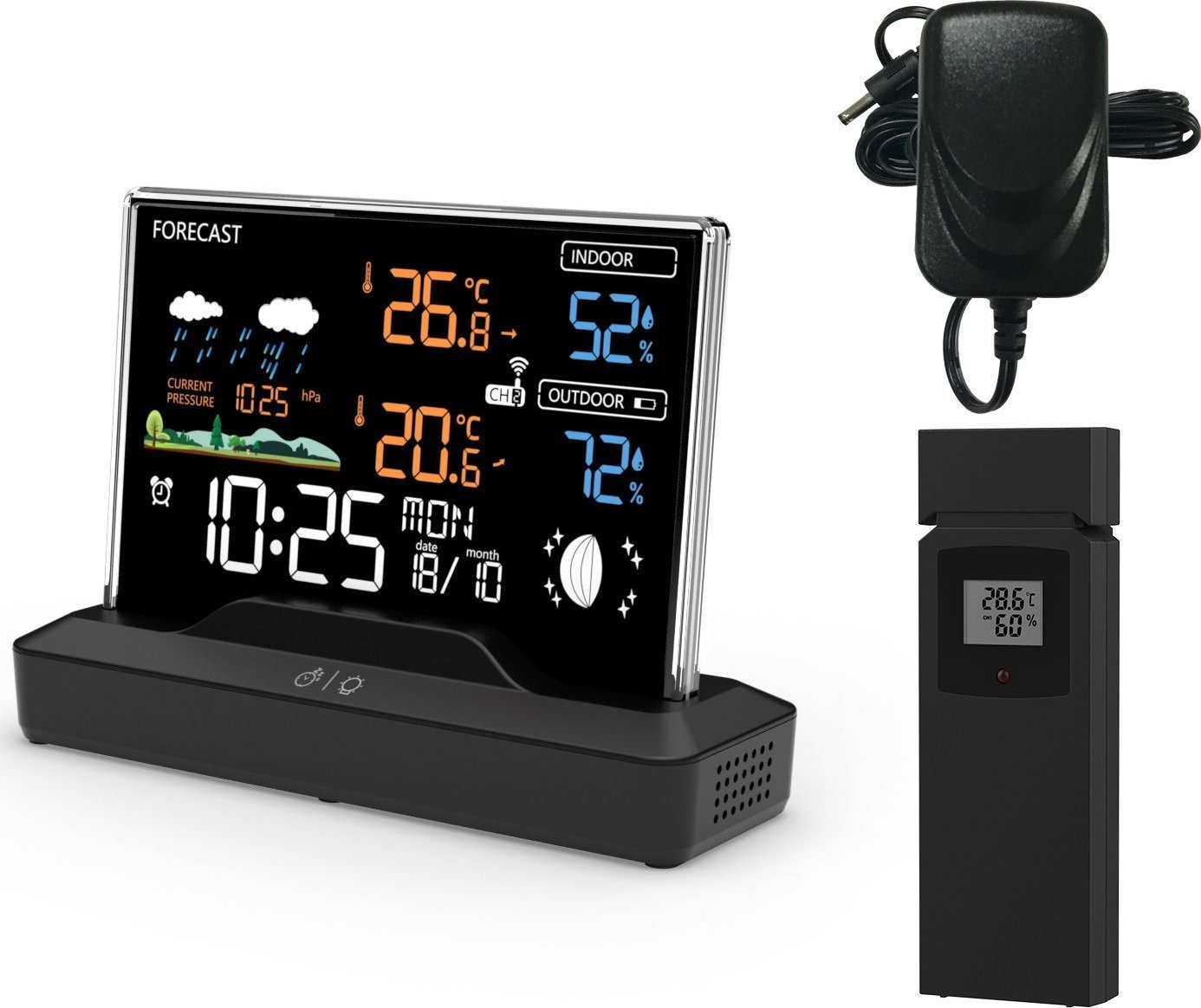 Podświetlana bezprzewodowa stacja pogodowa termometr barometr zegar budzik fazy księżyca kalendarz