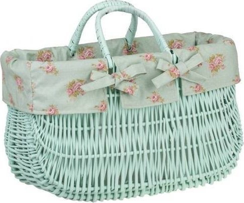 WickerPL Pastelowa Mięta Malowana Wiklinowa Torba na Rower Kosz Rowerowy z Obszyciem i skórzanymi Paskami 43x21 H27/35 cm