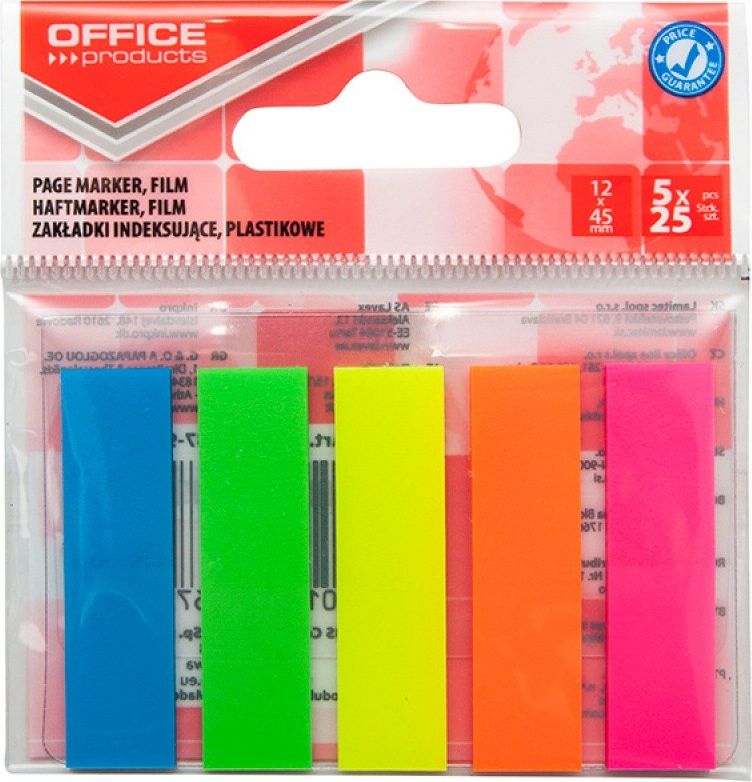 Office Products Zakładki indeksujące OFFICE PRODUCTS, standard, PP, 12x45mm, 5x25 kart., zawieszka, mix kolorów