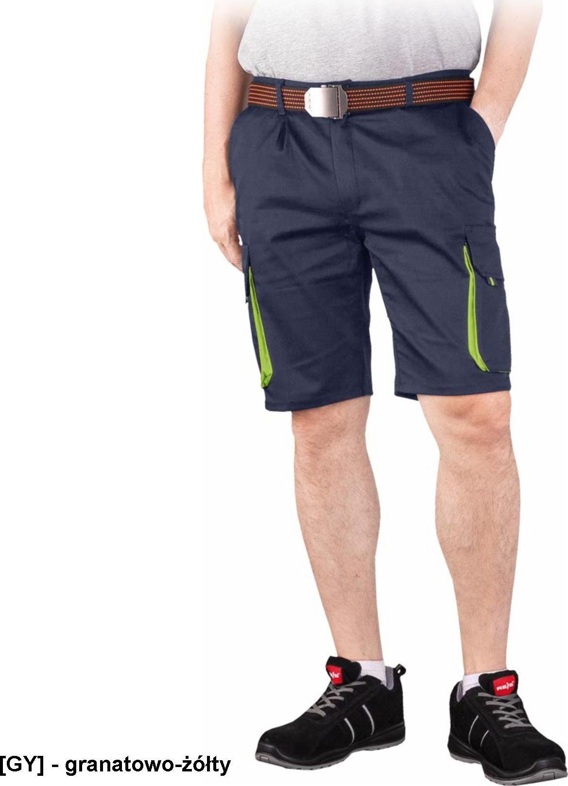 R.E.I.S. LAND-TS - Elastyczne męskie krótkie spodnie ochronne LAND, 62% poliester, 35% bawełna, 3% elastan, 240 g/m - granatowo-żółty 2XL