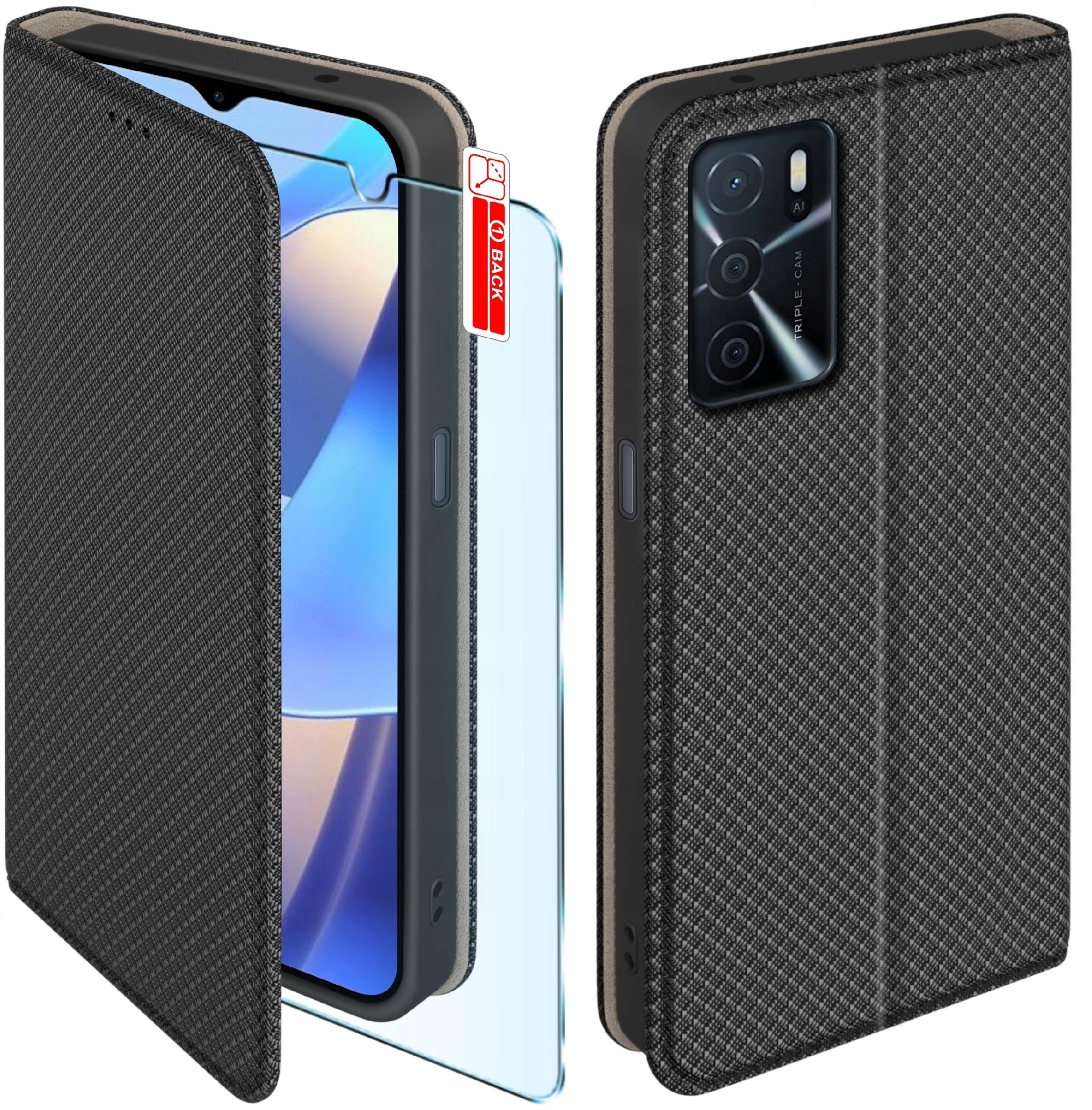 Etui z klapką do Oppo A16 | A16s Zamykane Czarne Futerał + Szkło 9H