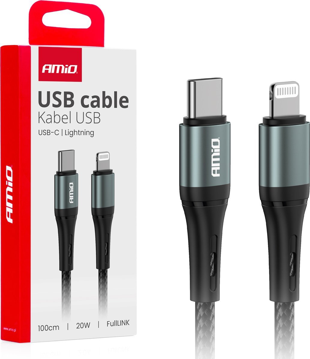 Kabel USB AMiO USB-C - Lightning 1 m Czarny