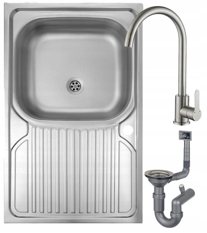 Zlewozmywak jednokomorowy stalowy 80x50+ otwór na baterię + bateria + syfon