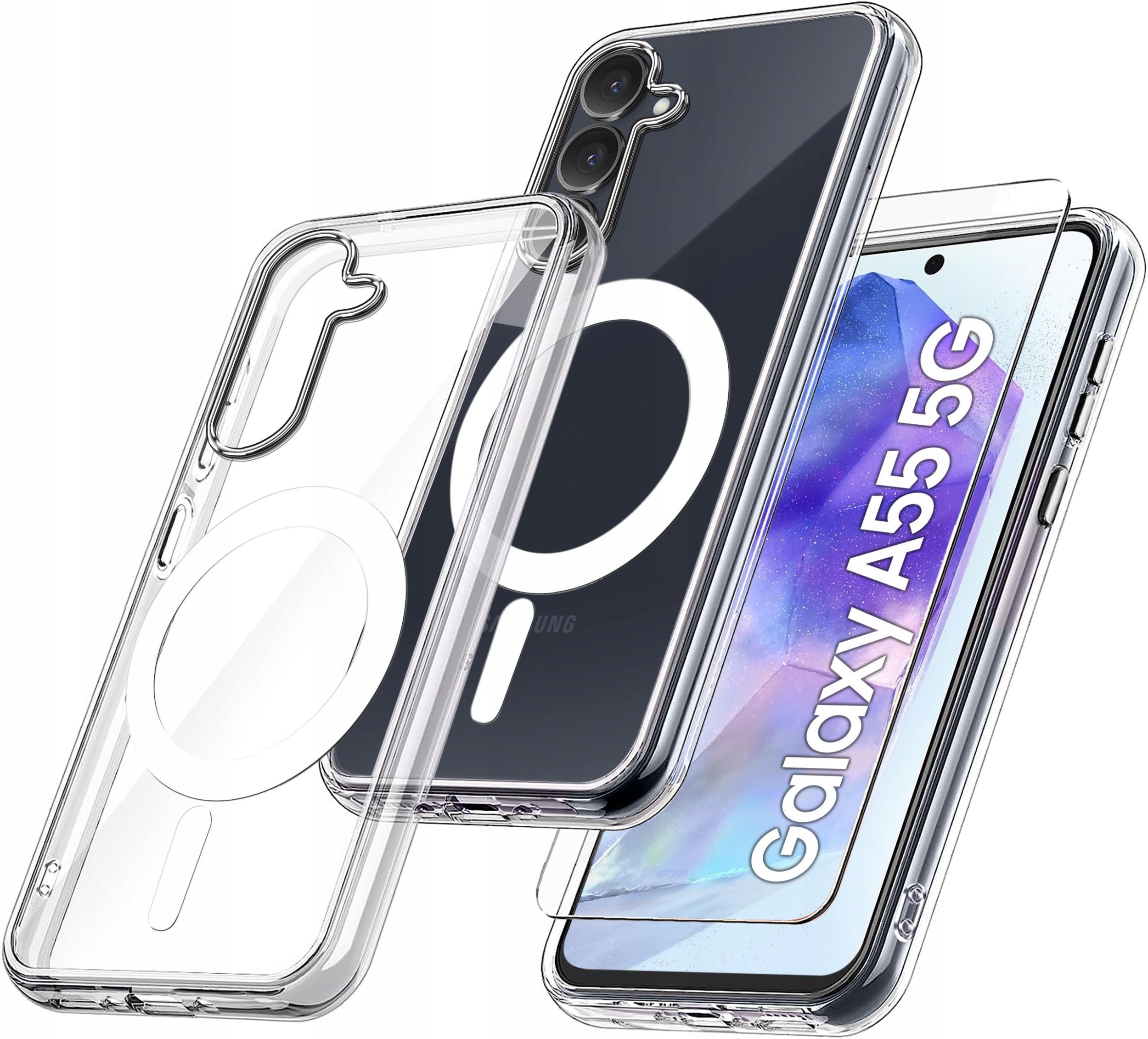 ETUI do Samsung A55 5G WZMACNIANE do MAGSAFE ANTI SHOCK CLEAR CASE + Szkło