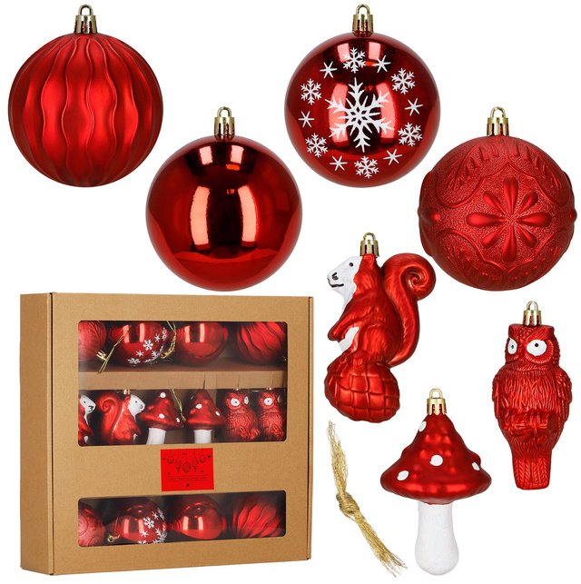 Bombki choinkowe 14 szt. mix wzorów: okrągłe, muchomorek, sowa, wiewiórka, dekoracje świąteczne, czerwone UNIWERSALNY