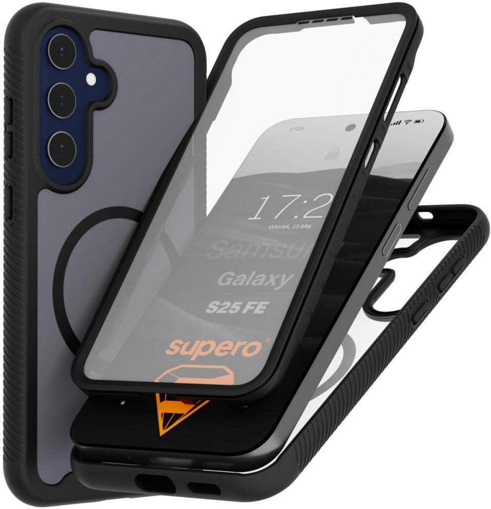 SUPERO Etui pancerne 360 MagSafe do Samsung Galaxy S25 FE, przezroczysto-czarne