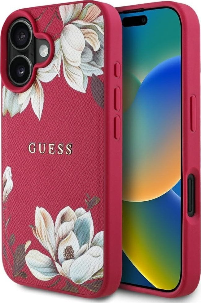 Etui Guess Grained Printed Flower Pattern MagSafe do iPhone 16 fuksja