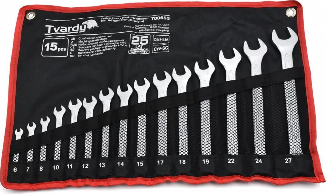 Geko ZESTAW KLUCZY PŁASKO-OCZKOWYCH 15EL. 6-27MM CRV-CS (SATYNA)(10) T00655 GEKO