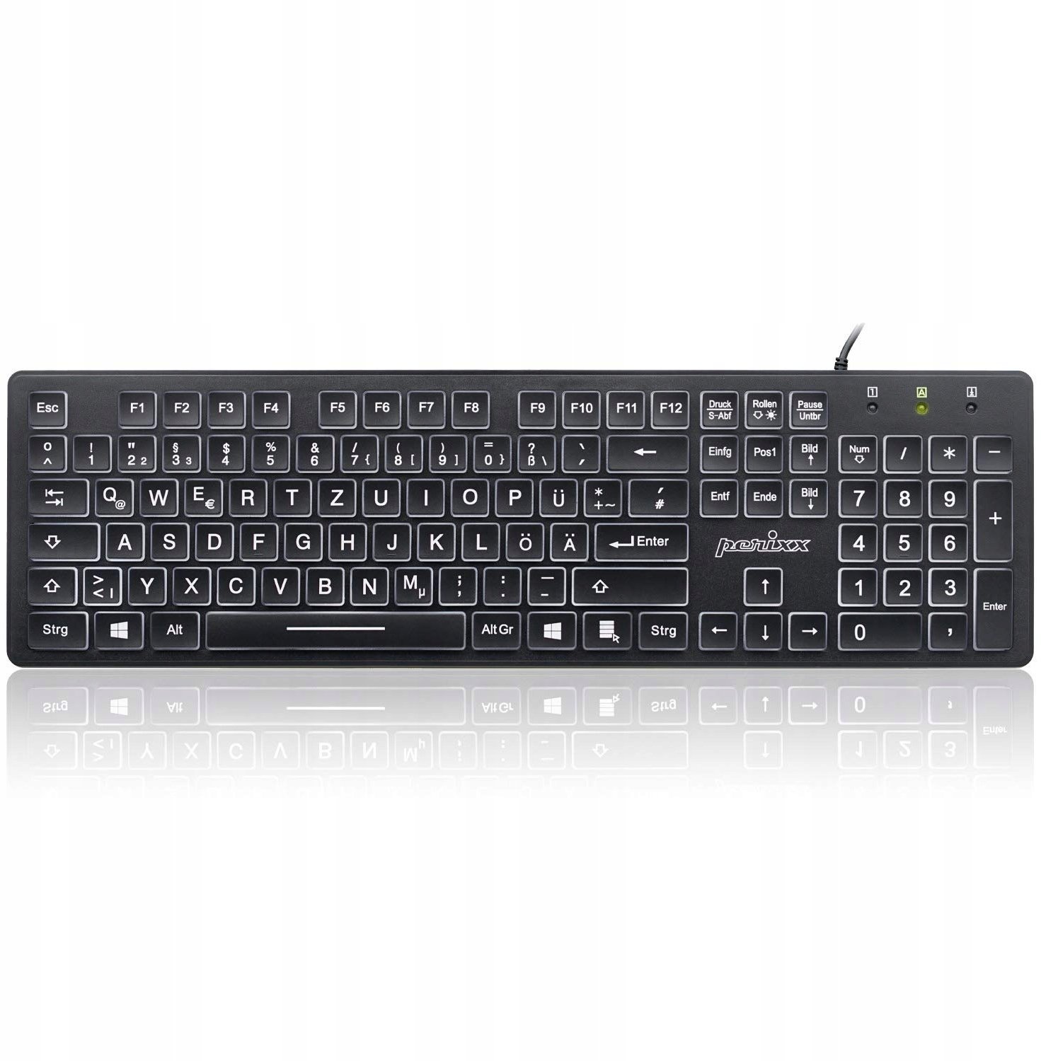 Klawiatura Perixx PERIBOARD-317, DE, illuminated keyboard, USB wired, large block letters, black (układ niemiecki)